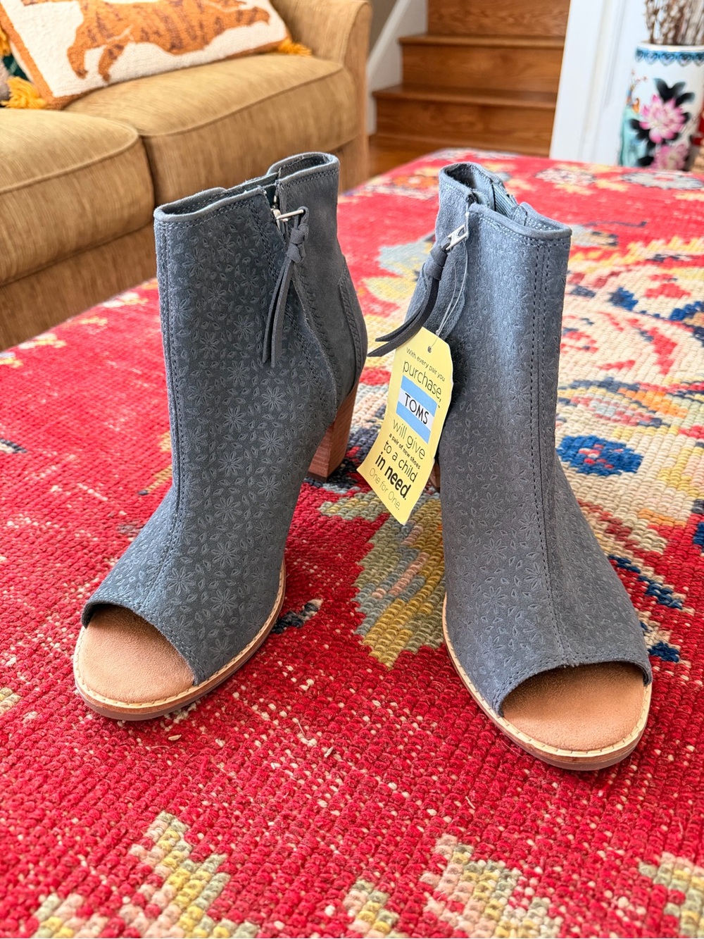 TOMS Gray Laser-Cut Peep-Toe Ankle Booties
